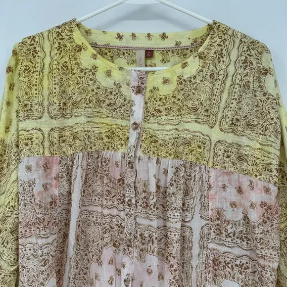 Pilcro Anthropologie Blouse Womens Medium Yellow Pink Boho Peasant Long Sleeve - Picture 2 of 9